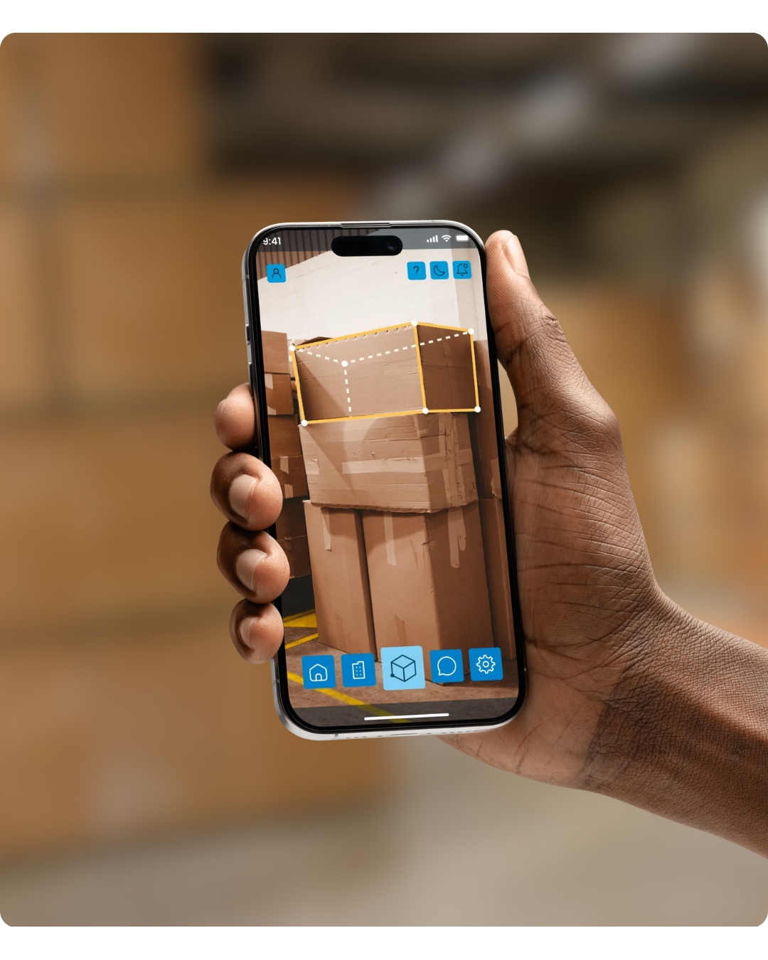 Aplicativo Cubagem PRO mostrando medição de caixas com realidade aumentada